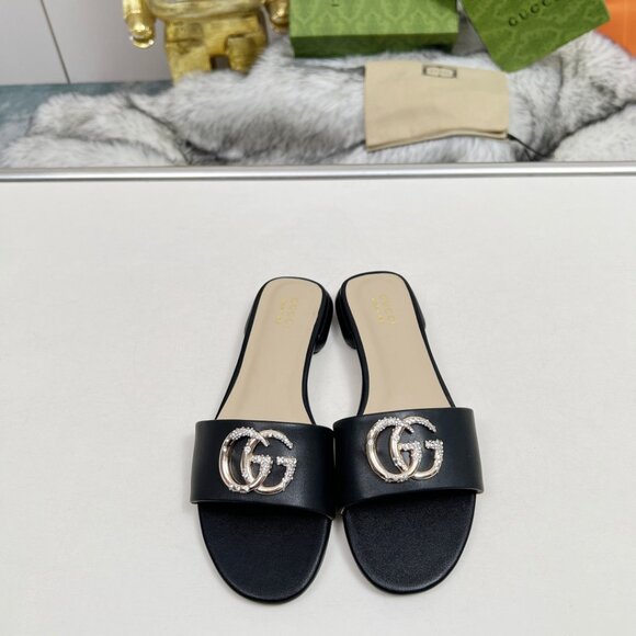✨GUCCl Double G Slide Sandalin Black Leather NWT✨ - Picture 1 of 6